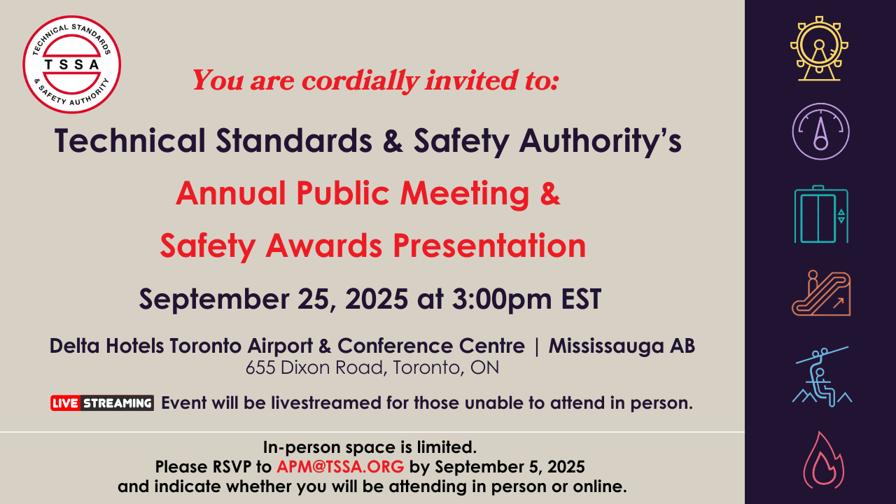 TSSA's Annual Public Meeting September 25 2025 at 3:00 pm at Delta Hotels Toronto Airport 655 Dixon Road