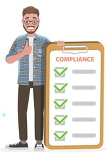 Man standing beside large compliance checklist with thumbs up